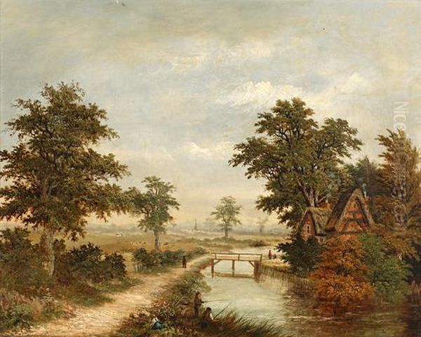 Figures Angling Opposite A Thatched Cottage - view 1
