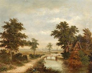 Figures Angling Opposite A Thatched Cottage by Charles Leaver