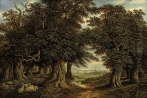 Sheep Resting In A Wooded Landscape, A Church In The Distance by Charles Leaver