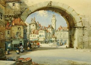 Continental Street Scene With Figures by Noel Harry Leaver