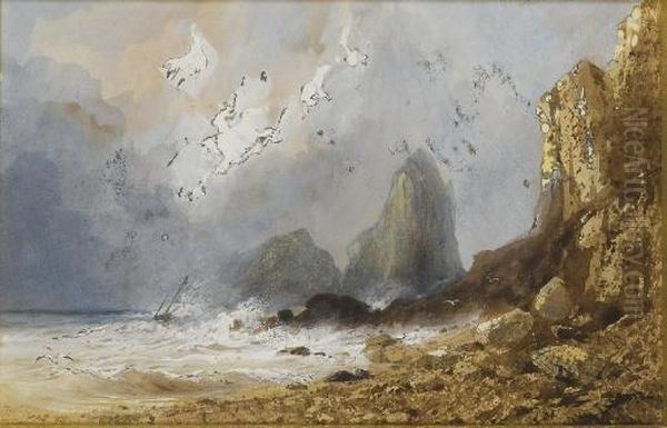 Scene De Tempete Sur Une Cote Avec Des Falaises, Un Bateau A L'horizon - view 1
