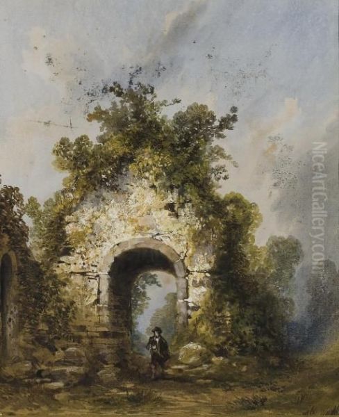 Une Eglise En Ruine Entouree De Vegetation, Un Homme Se Promenant - view 1