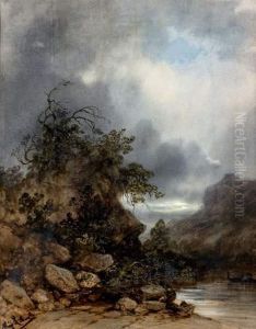 Paysage Orageux Au Bord De L'eau
 Aquarelle Gouachee Sur Trait De Crayon Noir, Lavis Brun