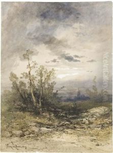 Deux Personnages Dans Un Paysage Au Clair De Lune, Une Eglise A L'arriere-plan by Hippolyte Gabriel Lebas
