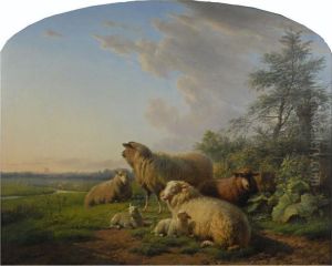 Sheep In Pastoral Landscape At Sunset by Frans Lebret