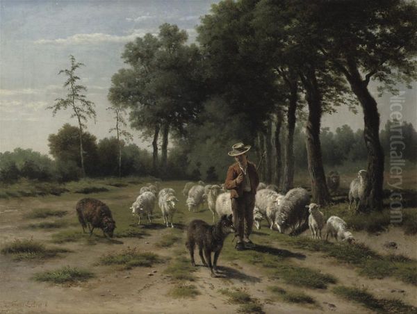 A Shepherd With His Flock On A Forest Path by Frans Lebret