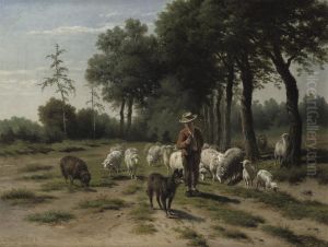 A Shepherd With His Flock On A Forest Path