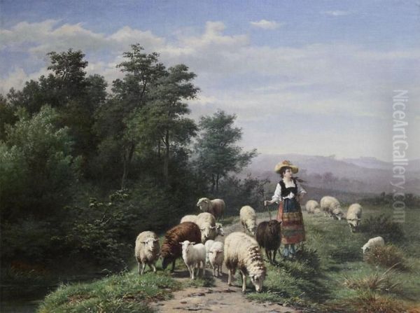 Shepherdess With Sheep On A Country Road - view 1