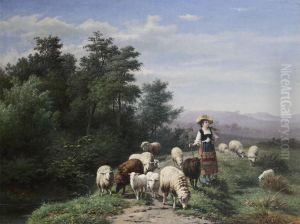 Shepherdess With Sheep On A Country Road