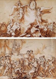Allegories De La Mort Et Des Arts Surmontees Par Un Portrait D\'homme Dans Un Medaillon Tenu Par Deux Figures De La Renommee; Et Le Sacrifice Des Vestales