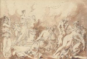 A Vestal Virgin Pouring Oil On An Altar, With Satyrs Surrounding Anude Woman In The Foreground