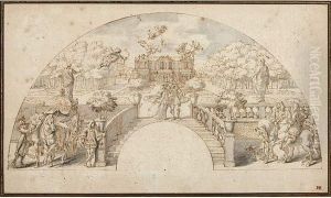 Projet D'eventail : Scene Galante Dans Le Jardin D'un Chateau by Sebastien Leclerc