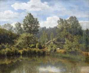 Landschaftspartie Mit Teich Und Gehoft