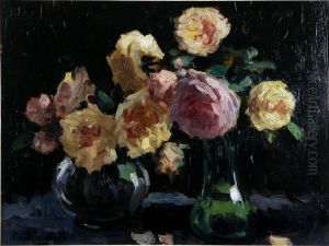 Vase Garni De Roses. by Emile Lecomte