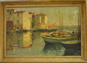 Pier With Moored Boats And Buildings by Paul Emile Lecomte