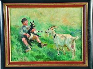 garcon Jouant Avec Des Chevres by Raymond Louis Lecourt