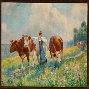The Cows Arebeing Brought Home For Milking by Raymond Louis Lecourt