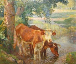 Vaches S"abreuvant by Raymond Louis Lecourt