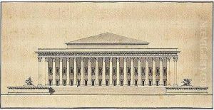 The Facade Of A Classical Building With A Huge Portico And Sculptures At Either End Of The Steps by Claude Nicolas Ledoux