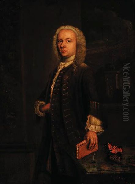 Portrait Of A Gentleman, Small Three-quarter-length, In A Browncoat And Waistcoat At A Table With An Inkwell And A Piece Of Coral,a Balastrade Beyond, The Book Inscribed Hervey. - view 1