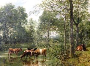 'wooded Landscape With Cattle Watering by Frederick Richard Lee, R.A.