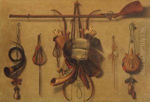 A 'trompe L'oeil' Still Life With Hunting Paraphernalia Hanging On A Wall by Johannes Leemans