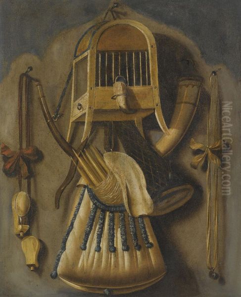 A Trompe L'oeil Still Life With A Bird Cage, A Hunting Horn, A Bird Whistle, And Other Hunting Implements Hanging On A Wall - view 1