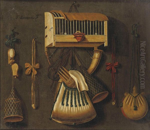 A 'trompe L'oeil' Still Life With A Bird In A Cage, A Hunting Horn,a Bird Whistle, And Other Hunting Implements Hanging On Awall - view 1
