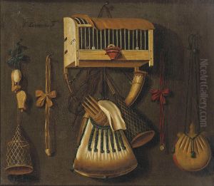 A 'trompe L'oeil' Still Life With A Bird In A Cage, A Hunting Horn,a Bird Whistle, And Other Hunting Implements Hanging On Awall by Johannes Leemans