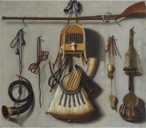 A Trompe L'oeil Hunting Still Life With A Rifle, A Bird In A Cage, A Hunting Horn, A Bird-whistle And Other Hunting Gear by Johannes Leemans