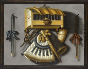 A Trompe L'oeil Still Life Of Hunting Equipment And A Caged Bird Hanging From A Wall by Johannes Leemans
