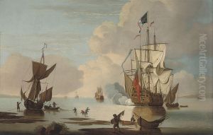 A British Warship Announcing Her Arrival At The Anchorage by Thomas Leemans