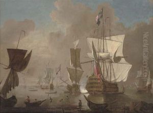 A Flagship Arriving At Her Anchorage In The Nore And Announcing Her Arrival With A Salute