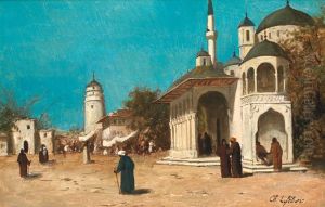 Promeneurs Aux Abords D'une Mosquee En Turquie by Charles V.E. Lefebvre