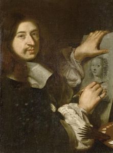 Portrait Of An Artist, Half-length, In A Blackmantle With A White Lace Collar, Drawing A Portrait Of A Young Ladyon A Sketch Pad by Claude Lefebvre