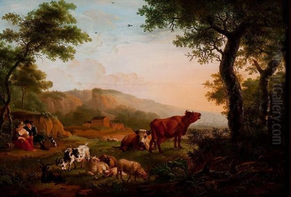 Pair Of Shepherds With Cattle - view 1