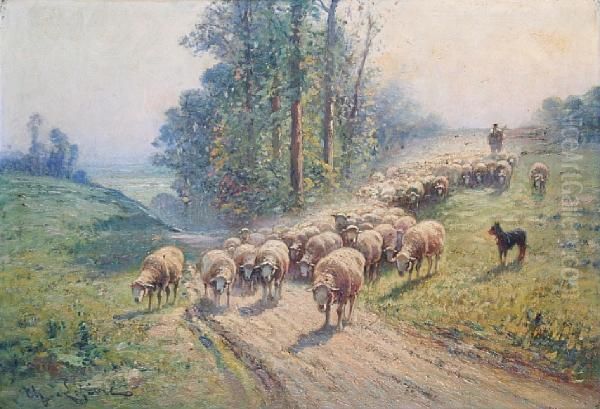 'moutons', Shepherd And Flock On A Pathway Ina Country Landscape - view 1