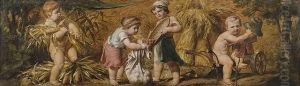 Allegory Of Fall. 
Four Children At Harvest. by Franz Lefler