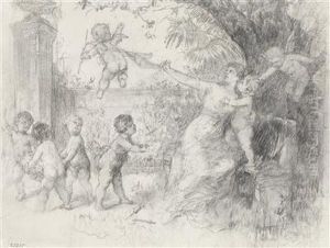 Junge Frau Im Garten Mit Spielenden Putten by Franz Lefler