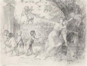 Junge Frauim Garten Mit Spielenden Putten by Franz Lefler