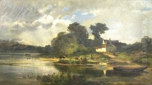 A Cottage On A Lake With Livestock At The Water's Edge by Nicolay Tysland Leganger