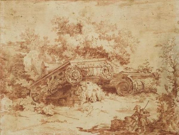 Ruines De Chapiteaux Corinthiens Dans Un Paysage, Un Homme Au Premier Plan - view 1