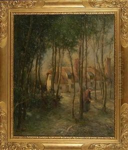A Woman Gathering Sticks By A Woodland Cottage by Arthur Legge