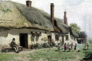 Children Playing Beside A Cottage by Alexander Leggett