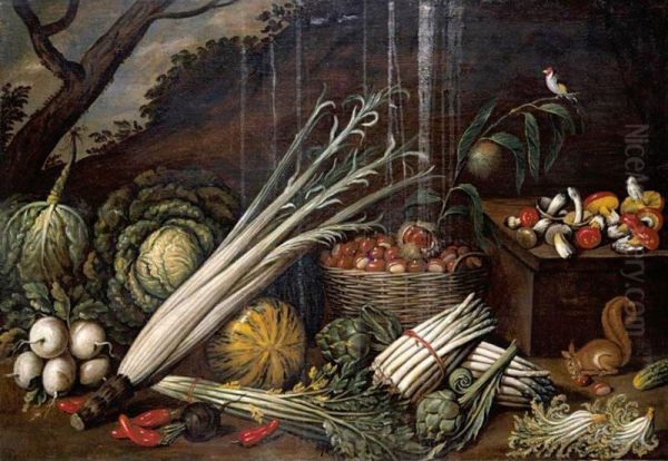 Still Life With Cabbages, Asparagus, A Basket Of Chestnuts, Celery, Mushrooms And Other Vegetables, A Squirrel Eating A Chestnut And A Finch On A Branch, A Landscape Beyond - view 1