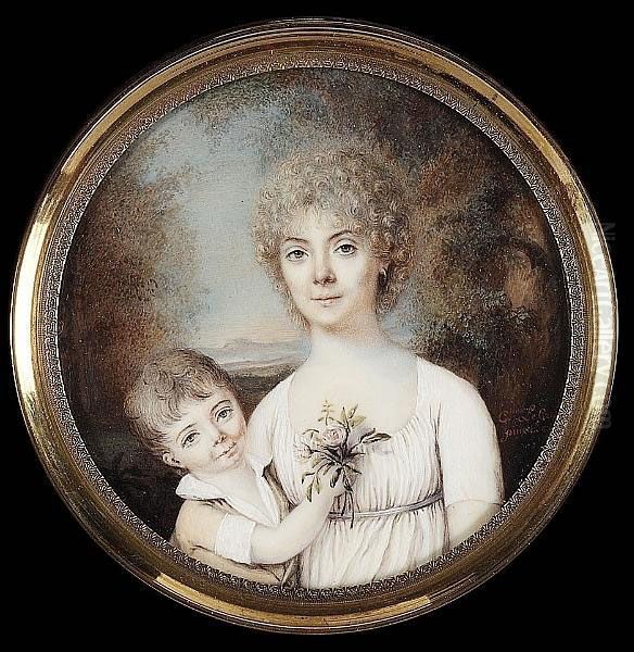 A Mother And Her Son, In A Wooded Landscape With Mountains Beyond: He Wears Buff-coloured Suit Over White Chemise And Holds A Bunch Of Pink Roses Up To His Mother, Who Wears White Dress With Pale Blue Ribbon Waistband, Her Right Arm About Her Son - view 1