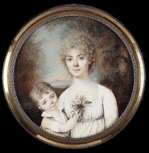 A Mother And Her Son, In A Wooded Landscape With Mountains Beyond: He Wears Buff-coloured Suit Over White Chemise And Holds A Bunch Of Pink Roses Up To His Mother, Who Wears White Dress With Pale Blue Ribbon Waistband, Her Right Arm About Her Son by Auguste Claude Legrand