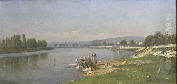 Lavandieres En Bord De Seine Au Trou Du Moulin Pris De Carrieresous Bois Huile Sur Toile - view 1
