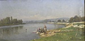 Lavandieres En Bord De Seine Au Trou Du Moulin Pris De Carrieresous Bois Huile Sur Toile