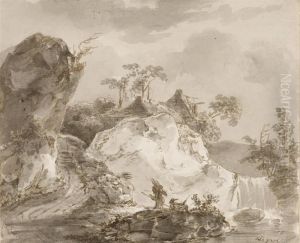 Landscape With Wood Collectors By A Waterfall by Sauveur Legros